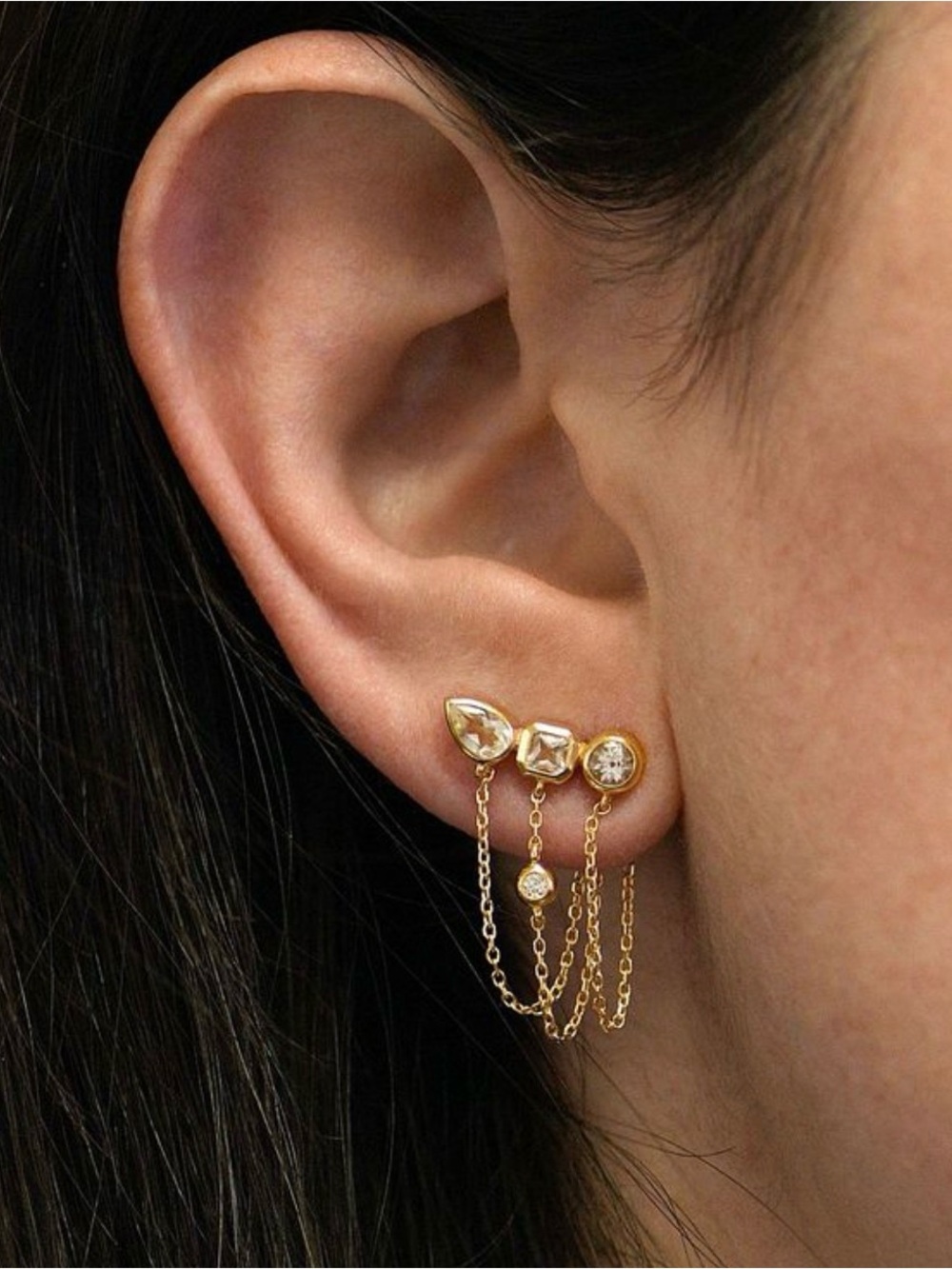 Gold Crystal Multi-Stud Chain Earring